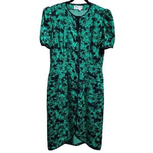 Silk Studio Dress 100% Silk Women's Floral Puff Sleeve Button Front Midi SZ 14